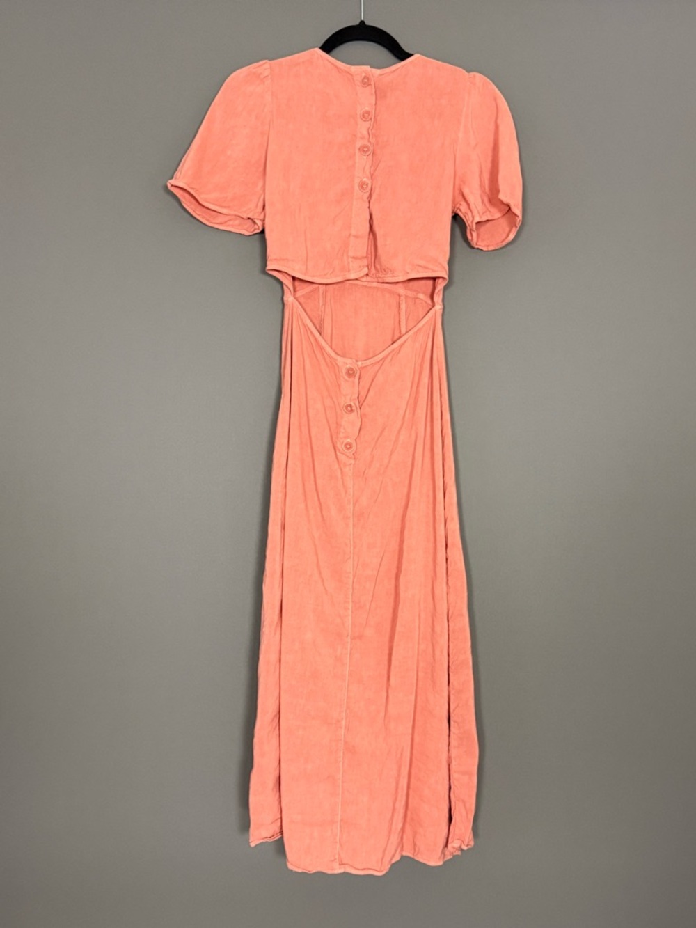 Zara Linen Blend Cutout Midi Dress Peach Coral Puff Sleeve XS - Picture 4 of 11